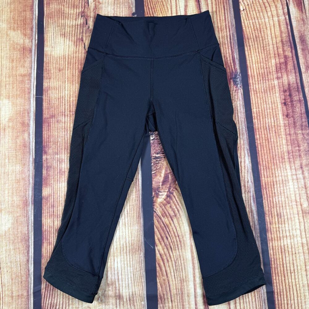 Lululemon Crop Leggings Womens 4 Black Mesh Panel 24x18” Pockets Cropped Pants